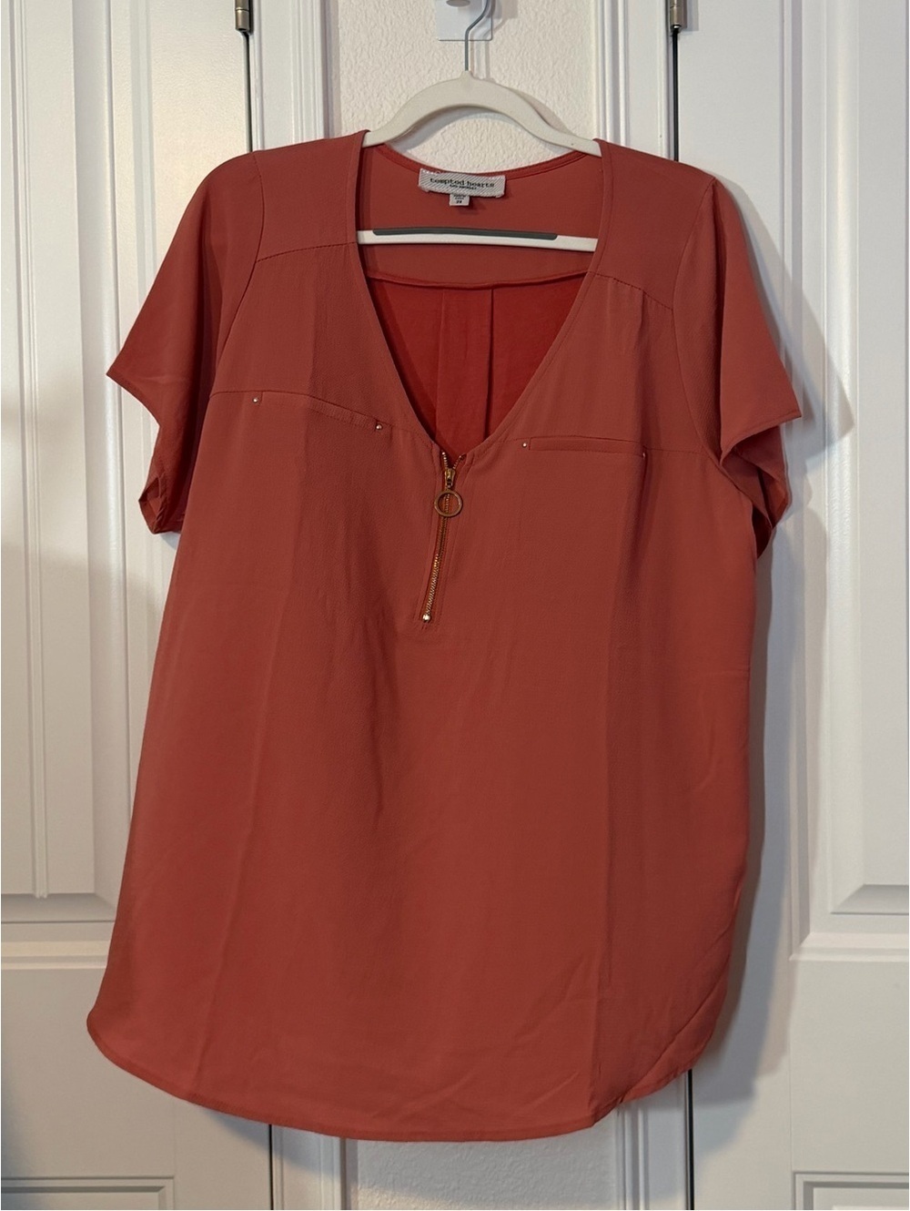 Tempted Hearts Rust Short Sleeve V-Neck Zip Blouse